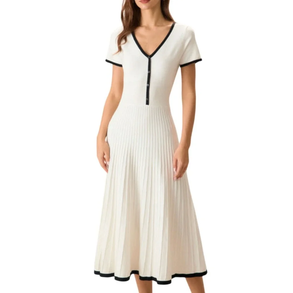 Rihoas White Black Contrasting Sweater Midi Dress Tennis Preppy Babydoll Size M - Picture 4 of 16